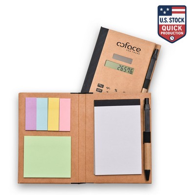 Eco-Friendly Recycled Solar Calculator Gift Set with Pen, Notepad, Sticky Notes & Flags